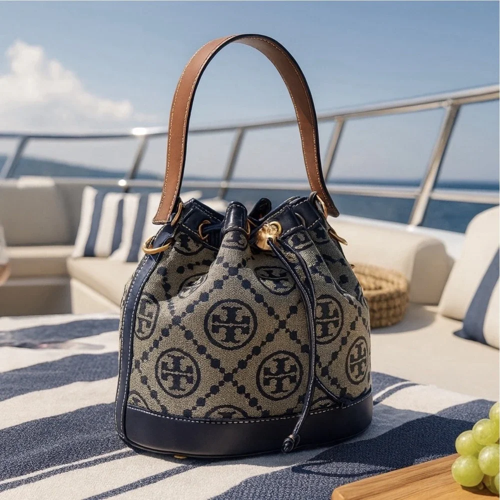 Tory Burch T Monogram Jacquard Drawstring Mini Bucket Bag Navy Blue